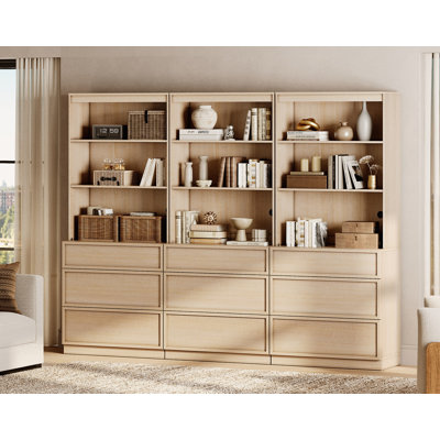 Bibliothèque moderne de 72 po de hauteur avec 9 tiroirs et tablettes ouvertes, bibliothèque avec armoire de rangement, étagère à livres autoportante en bois pour bureau à domicile, salon