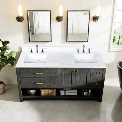 Plateau de meuble-lavabo blanc 61 pouces pour salle de bain double, 2 lavabos centraux simples encastrés, dosseret haut de 4 pouces, trous de robinet pré-percés, plateau de salle de bain à assemblage simple, teinture, convient aux armoires de 60 pouces