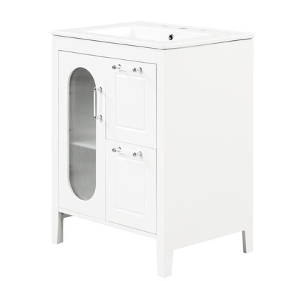 Meuble-lavabo de 24 po avec lavabo en céramique lisse, deux tiroirs, porte d'armoire, tablette réglable, bois d'hévéa massif, verre, blanc, autoportant, finition peinte à poser, forme rectangulaire, simple