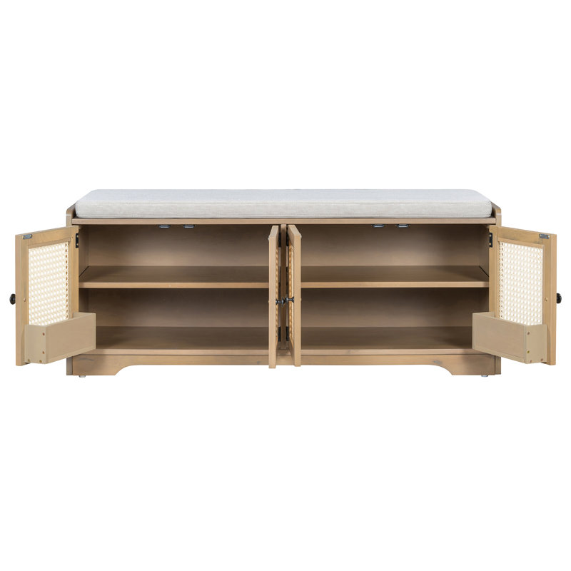 Banc de rangement rustique avec coussin amovible, portes en rotin tissé et tablettes réglables pour le vestibule, Jaune