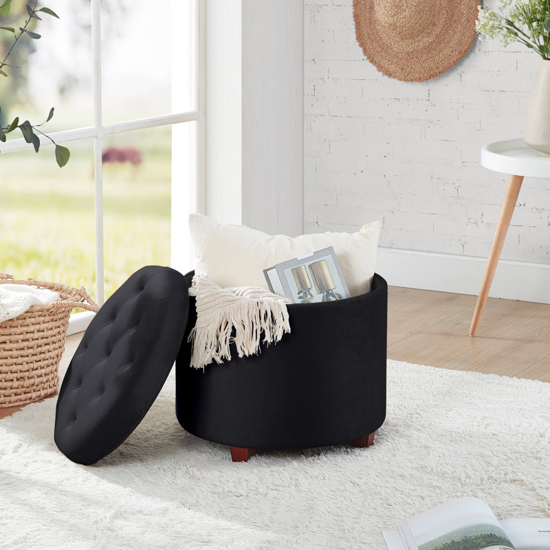 Crompton Upholstered Ottoman, Black Velvet