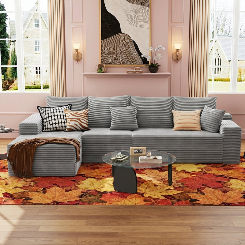 Canapé modulaire de 135,5 po, canapé nuage en velours côtelé moderne avec assise profonde, canapé désossé en forme de L à 3 places pour le salon, aucun assemblage requis