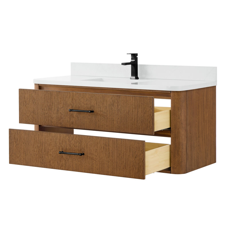 Meuble-lavabo mural simple Francesca WM de 122 cm (48 po) en noyer grillé, comptoir arrondi en quartz Giotto, lavabo carré encastré (1 trou), garniture noire mate