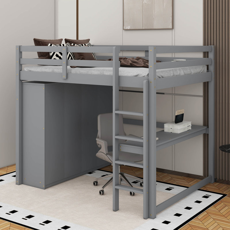 Lit mezzanine double avec bureau, tablettes et tiroirs, Gris
