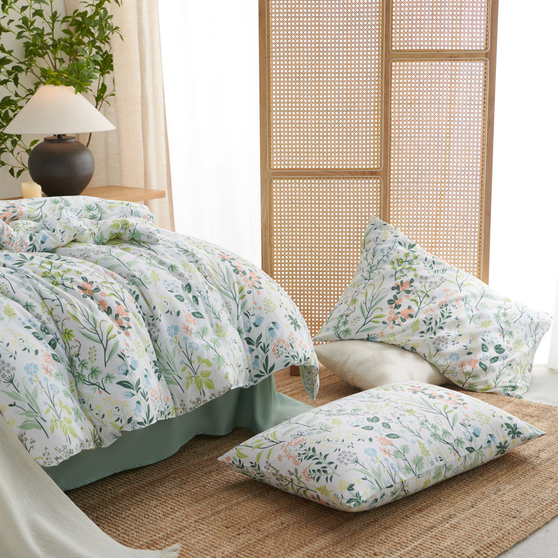 Boho Floral Green Botanical Comforter Set With Colourful Flower Print Pattern Soft Comfortable And Lightweight Microfiber Bedding Set