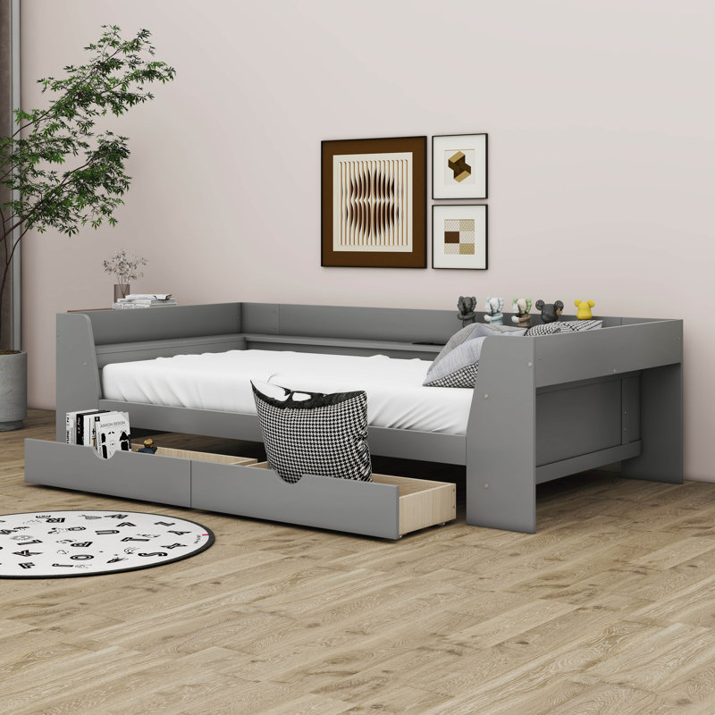 Lit de jour simple avec tablettes, tiroirs et charge Mykece, gris