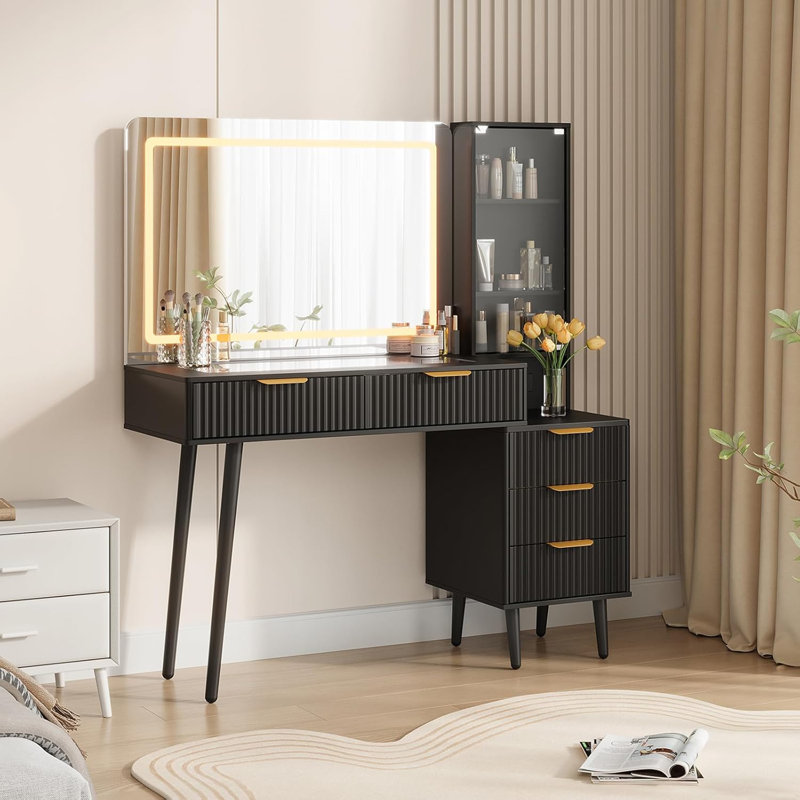Bureau de coiffeuse 48 po avec miroir 3 lumières, plateau de coiffeuse en verre et prise de courant - coiffeuse moderne pour chambre à coucher