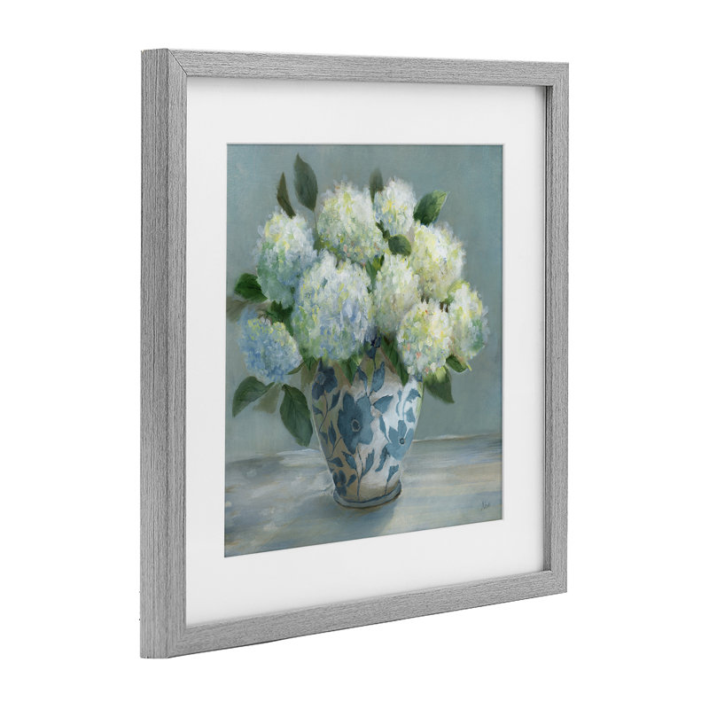 Hydrangeas in Elegant Vase, reproduction encadrée sous verre, design par Nan, Cadre de ferme gris sous verre Farmhouse