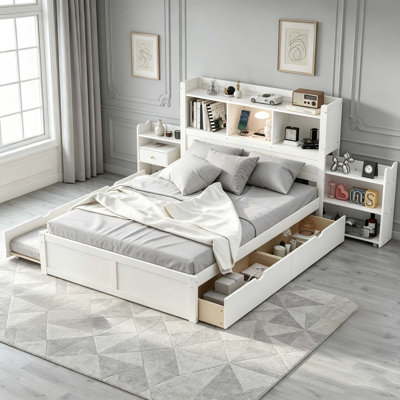 Storage Platform Bed with Pull Out Shelves, Twin Size Trundle and 2 Drawers