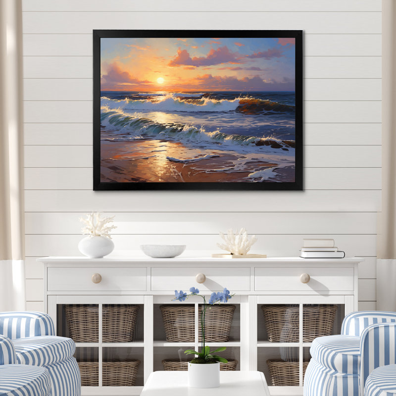 Coucher de soleil, tranquillité, plage vibrante, mariage I - reproduction, H 16 po x l 32 po x P 1 po, Cadre simple noir