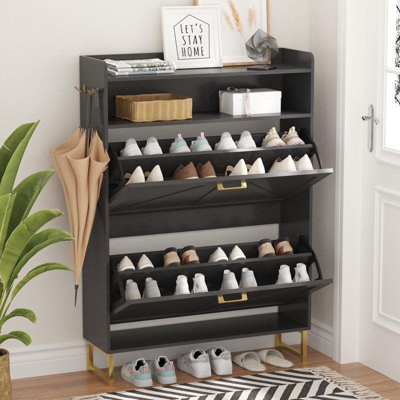 16-Pair Shoe Cabinet with Two Flip-Top Drawers, Black