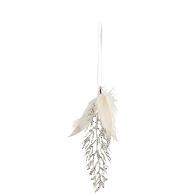 Feathers + Stone Glitter Silver/White Finial Ornament