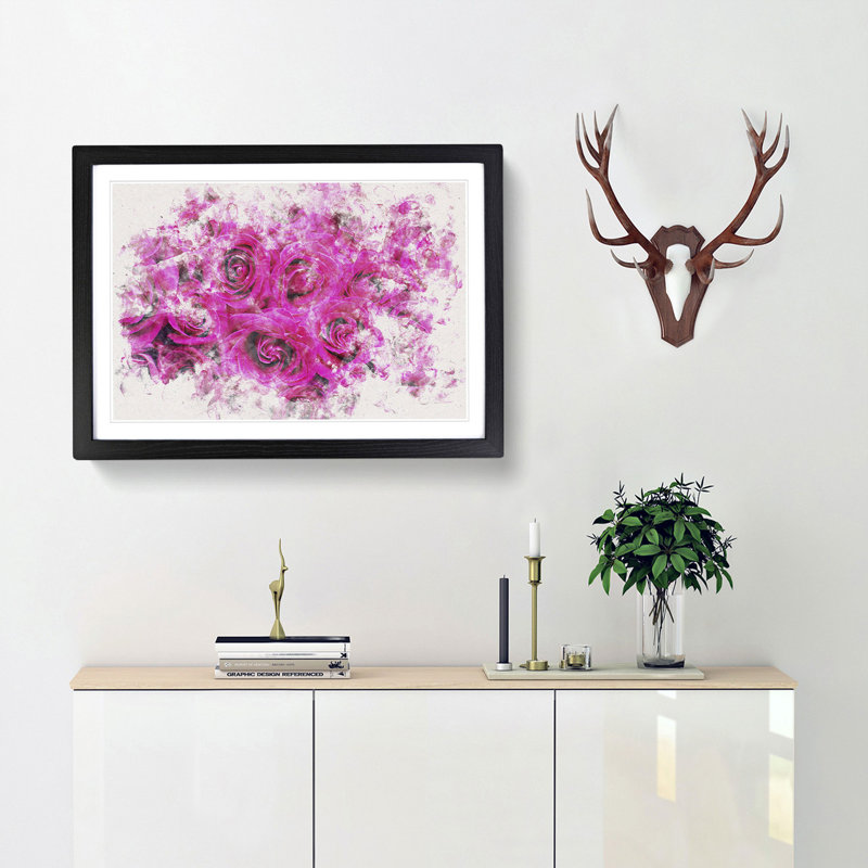 Wall Of Bright Pink Roses Watercolour - Picture Frame Graphic Art, Black, 33cm H x 45cm W x 2cm D