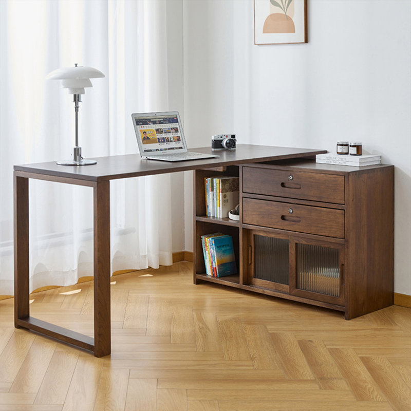 Bureau en bois massif en forme de L brun noyer + verre avec bureau à 2 tiroirs, Orienté à droite