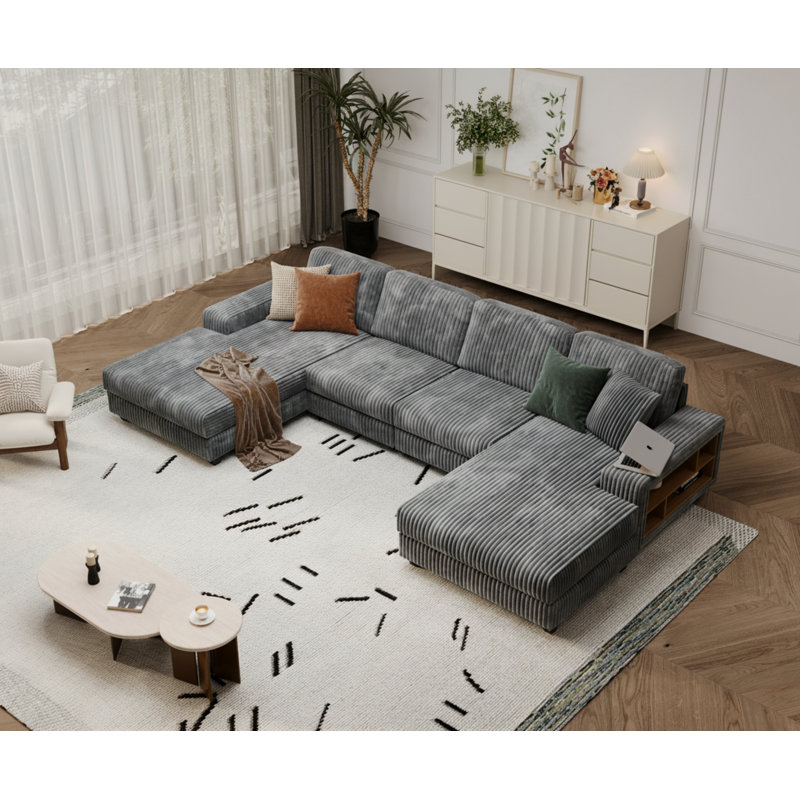Corduroy 4-Seater U-Shaped Symmetrical Sectional Sofa, Dark Gray Corduroy
