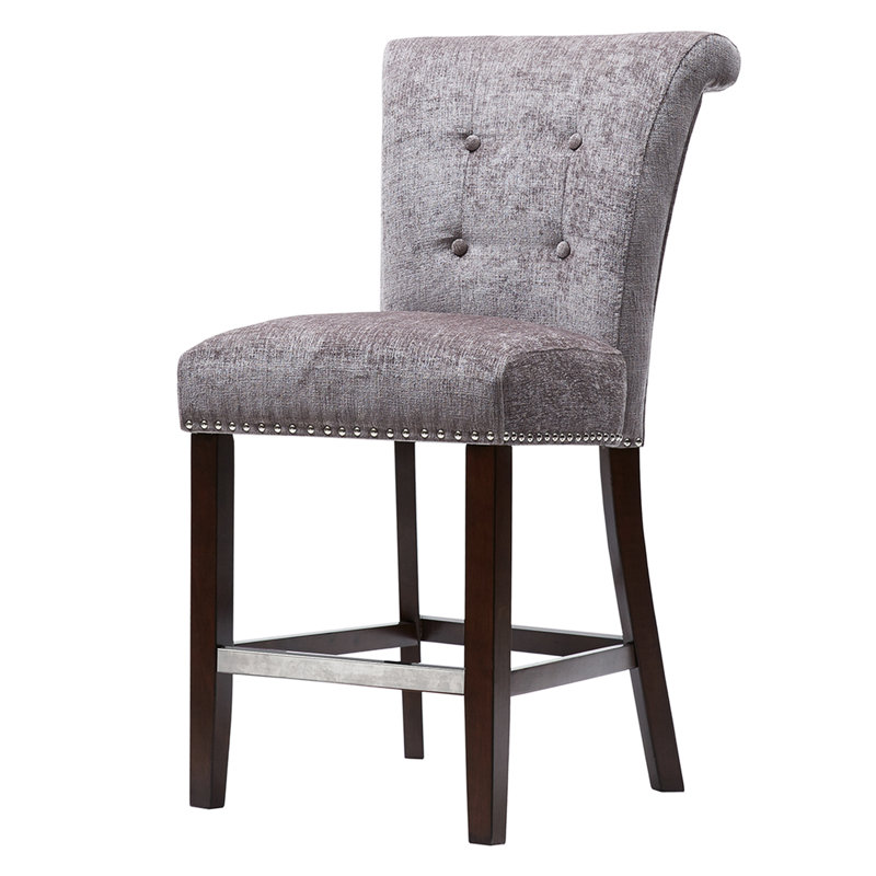 Tabouret de comptoir moderne avec capitonnage à boutons et cadre de pieds rembourré en mousse grise