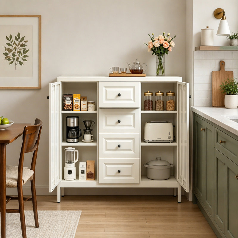 Buffet de rangement autoportant de 40,16 pouces avec 4 tiroirs, 2 portes et tablettes réglables pour une organisation polyvalente