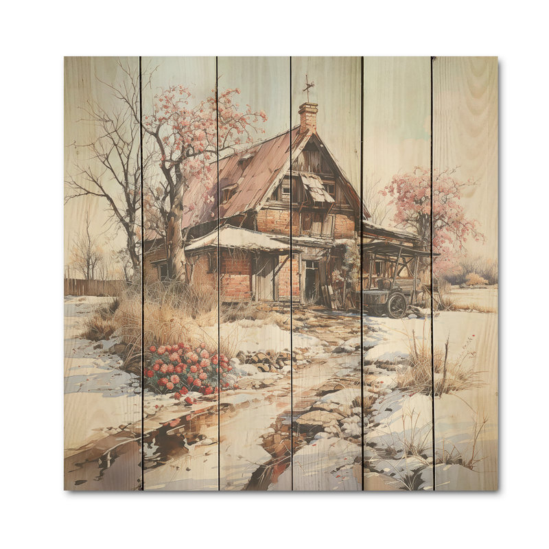 Charme de grange en hiver - Art mural en bois de grange sur bois de pin naturel, H 30 po x l 30 po