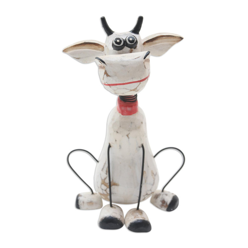 Handmade White and Black Albesia Wood Donkey Figurine with Iron Legs