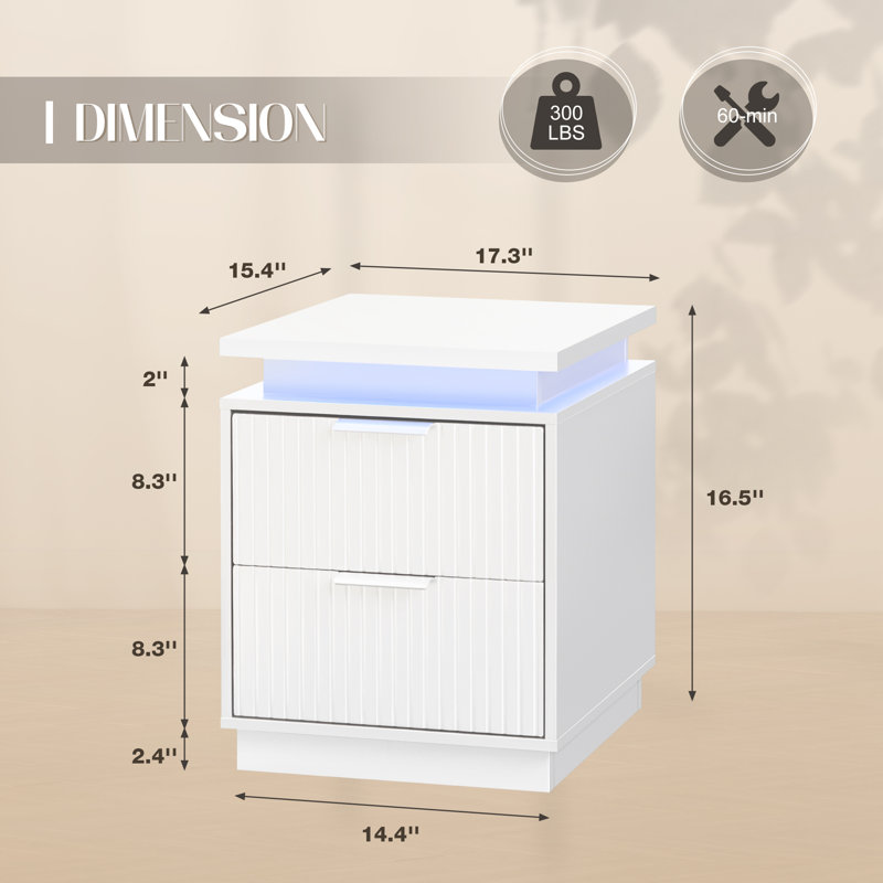 Nightstand with Adjustable Led Light and 2 Drawers, Set of 2, White