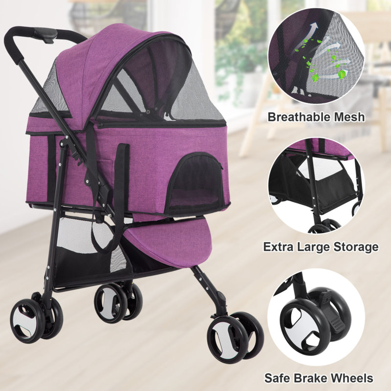 Purple 3-in-1 Stainless Steel Pet Stroller with Detachable Carrier