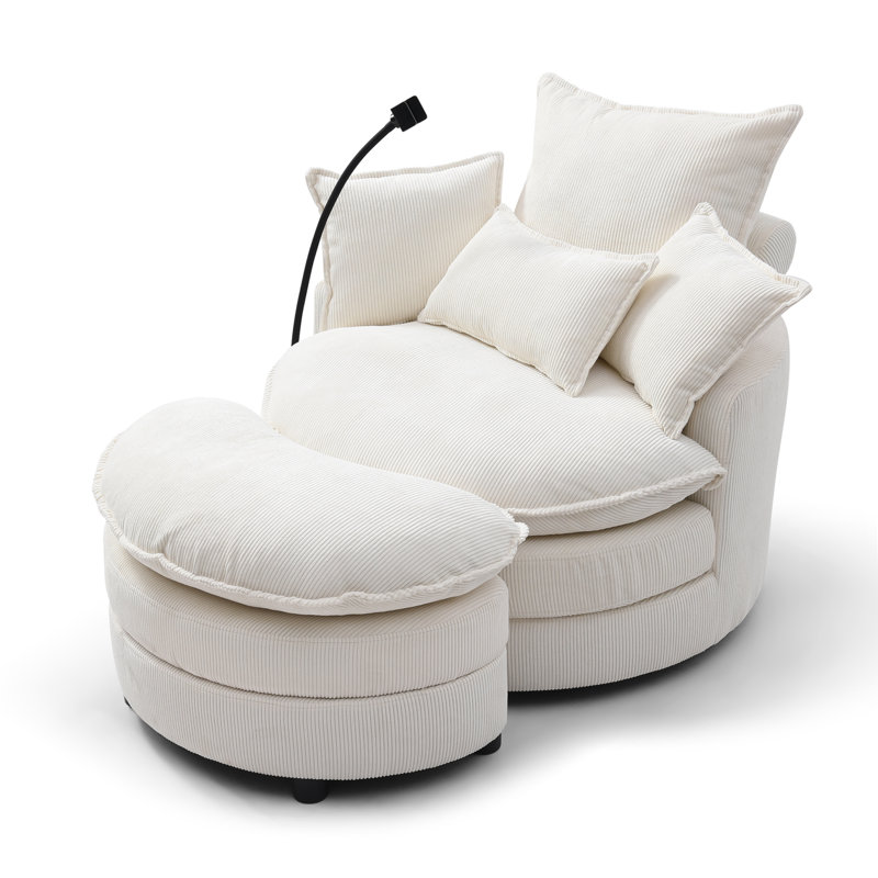 Fauteuil demi-tonneau pivotant à 360 ° Moderne et confortable, Velours côtelé ivoire