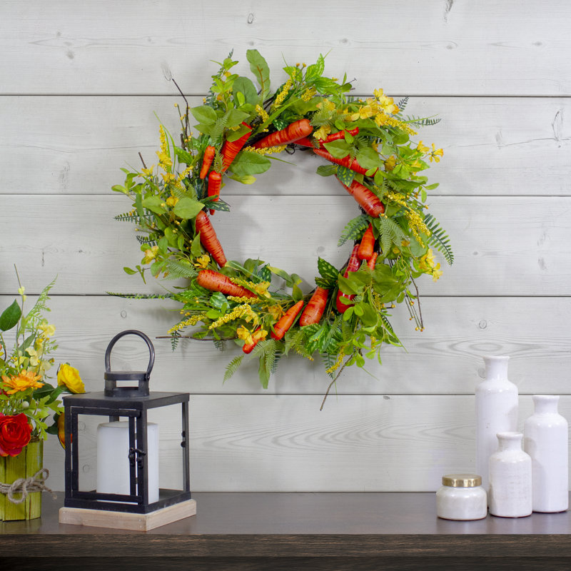 Couronne de printemps à motif floral de carottes et de baies orange et jaune 22 po