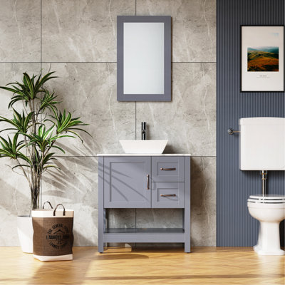 Meuble-lavabo de salle de bain 30 po gris avec comptoir en marbre avec lavabo et robinet miroir