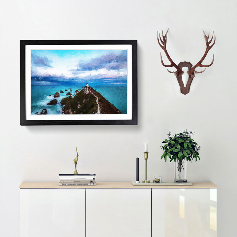Lighthouse & Seascape New Zealand - Picture Frame Painting Print, 48cm H x 65cm W x 2cm D, Black Framed