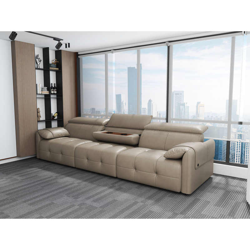 122" Genuine Leather Modern Modular Sofa with Adjustable Headrest and Cupholder, Beige