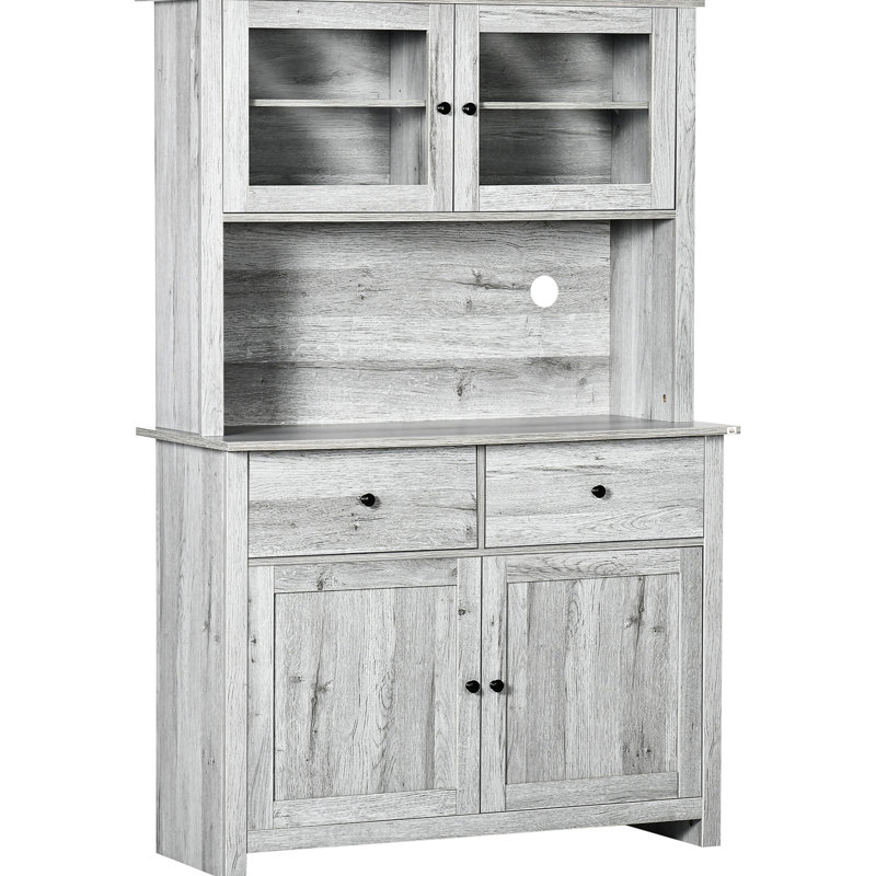 Armoire de cuisine de 63,5 po avec garde-manger, 4 tablettes et tiroirs, gris cendré, pouvant contenir diverses fournitures, 4 tablettes, portes en verre encadrées, espace de comptoir ouvert pour micro-ondes