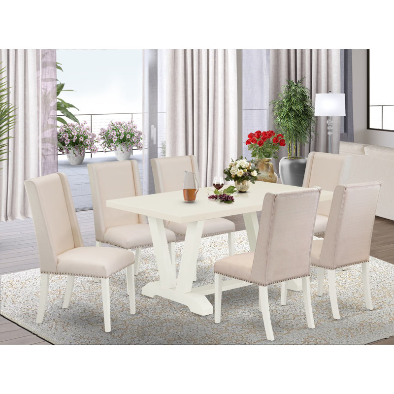 7-Pc a fantastic Linen White (Off-White) rectangular table top and 6 Cream Colour Dining chairs with Nail heads and a high Stylish Chair Back, Wire Brushed Linen White