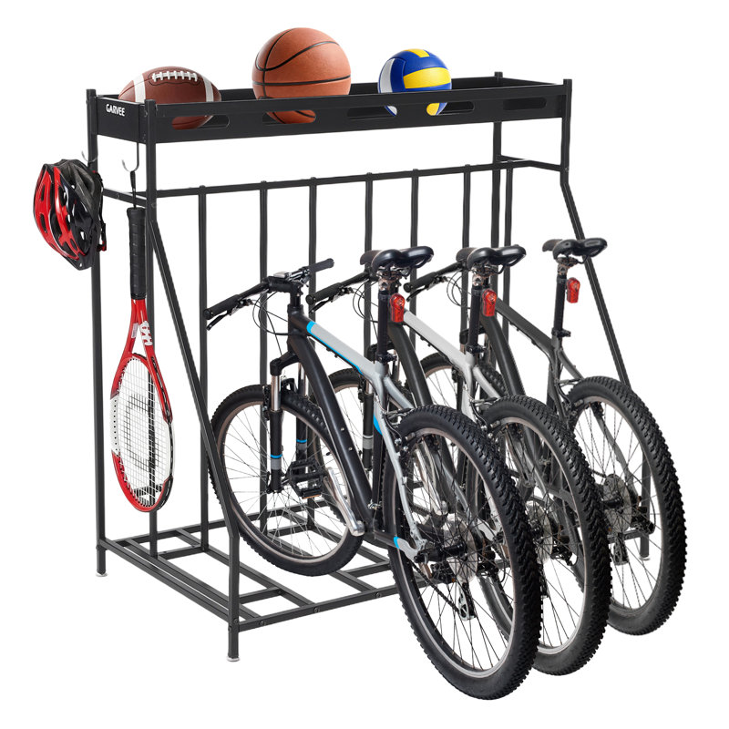 Support de plancher pour 4 vélos avec tablette de rangement, organisateur de vélos intérieur et extérieur et support de rangement