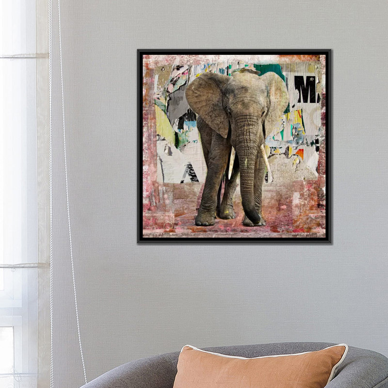 "Elephant Torn" par Luz, impression sur toile, H 37 po x l 37 po x P 1,5 po, Toile avec cadre noir, Pas de tapis