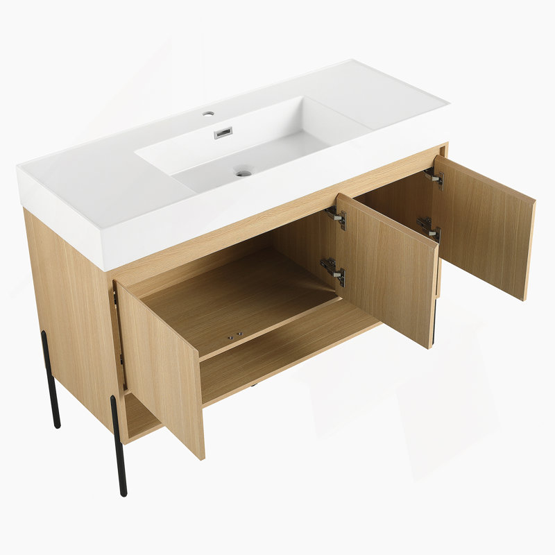 Ensemble de meuble-lavabo 48 po avec lavabo simple en résine, ensemble d'armoires de rangement modernes 3 portes, bois massif multicouche, chêne