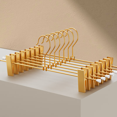 Shiny Gold 12-Inch Metal Pants Skirt Hangers, Sturdy For Casual Pants, With 2 Adjustable Non-Slip Clips And Swivel Hook