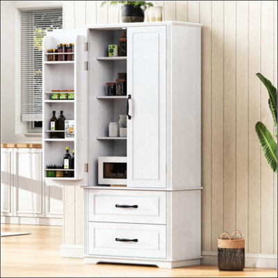 Armoire de cuisine Farmhouse avec 2 grands tiroirs, armoire autoportante à texture gaufrée avec 8 tablettes de porte et 3 tablettes d'armoire pour la cuisine, la salle à manger, le salon, la buanderie