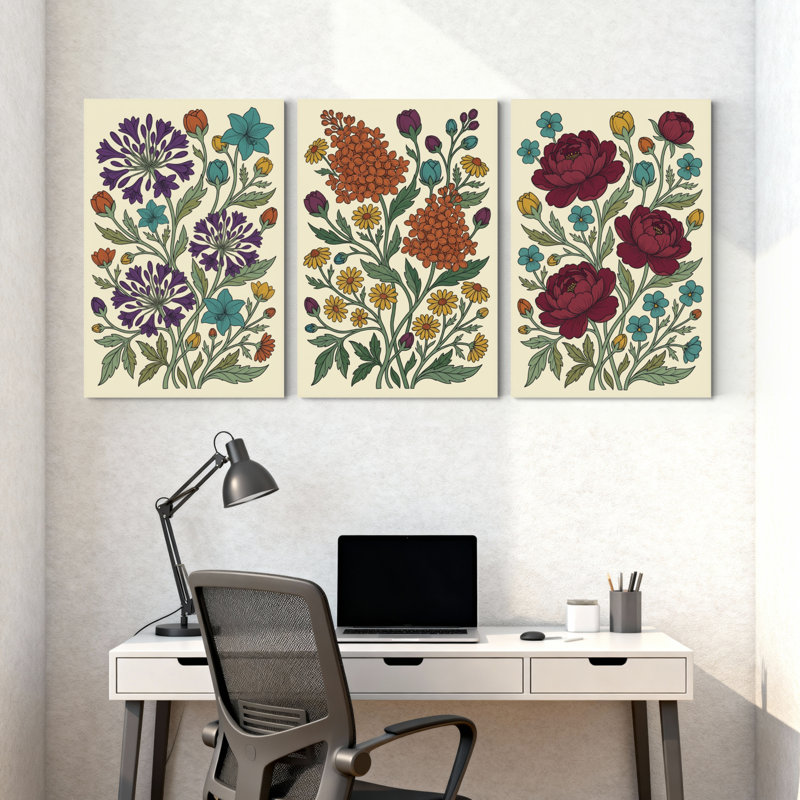 Plantes et fleurs, motif floral avec couleurs vives et feuilles détaillées, ensemble de 3 impressions murales sur toile