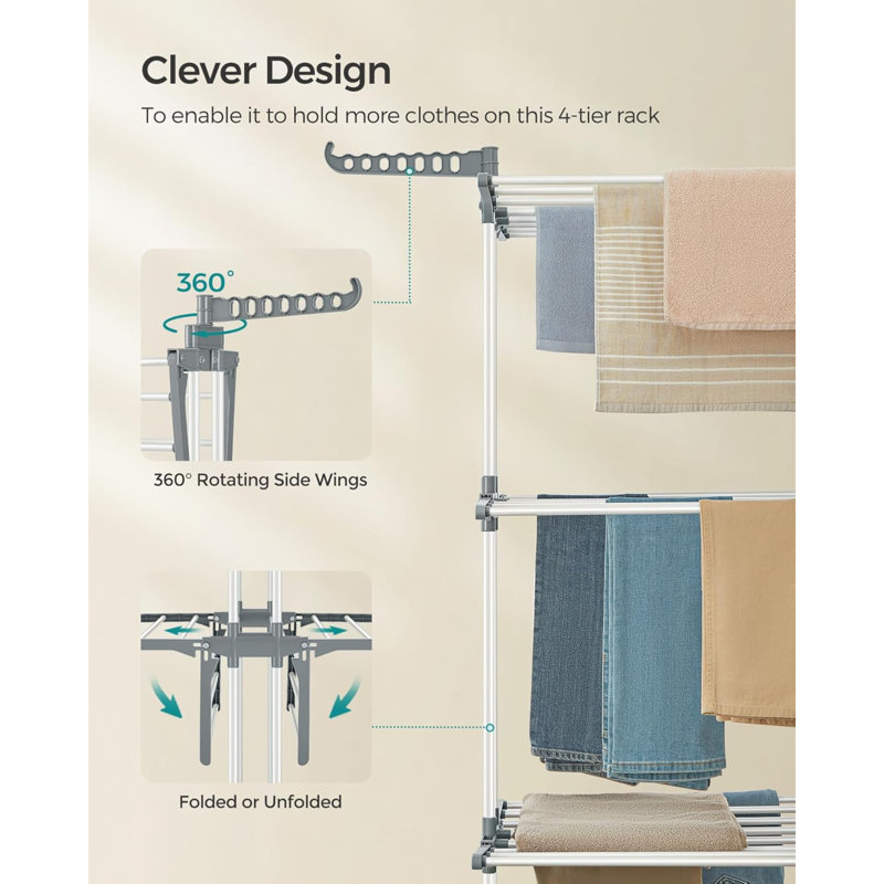 Séchoir à vêtements à 4 niveaux, pliable, séchoir à linge 68,1 pouces de hauteur, acier, support à linge à roulettes, facile à assembler, intérieur extérieur, blanc ULLR701W01