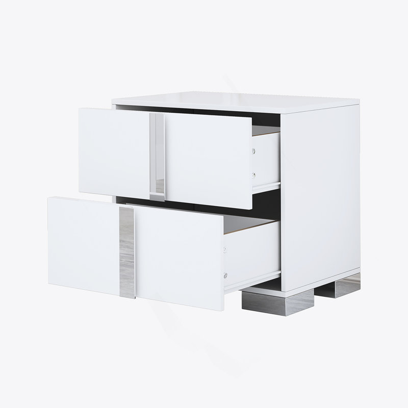 Table de chevet élégante, poignée en métal, miroir, 2 tiroirs, blanc
