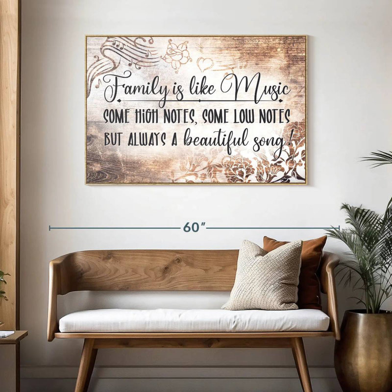 Family Is Like Music, typographie, Cadre flottant en bois naturel, 46 po x 31 po