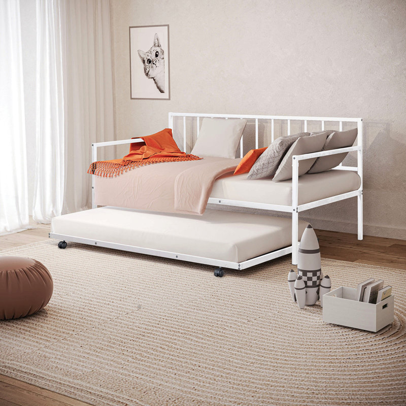 1Pc Twin Size Metal Daybed With Trundle Contemporary Style Full Metal Structure Mattress Ready White Finish, White