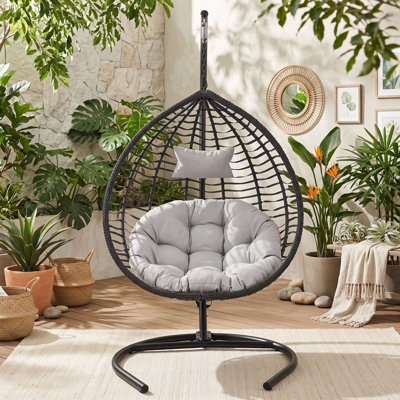 Indoor Outdoor Patio Foldable Hanging Egg Chair with Stand, HDPE Wicker Hammock Chair with Iron Frame and Soft Cushion