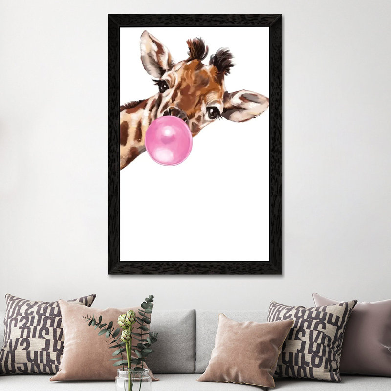 Sneaky Giraffe Blowing Bubble Gum by Big Nose Work - Print on Canvas, 152.5 cm H x 101.5 cm W, Black Framed