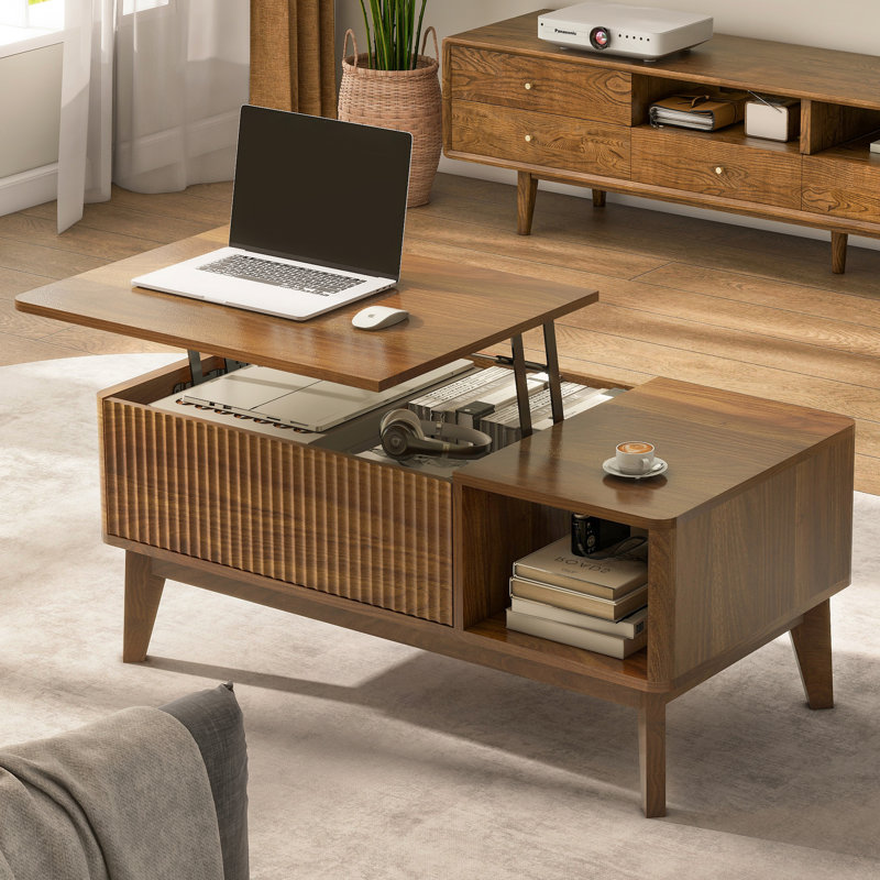 Rhythm Lift Top Coffee Table with Storage, Living Room Table, Wood Modern Square Coffee Table, Fluted Design, 16.22'' H X 37.4'' W X 18.9'' D, Walnut
