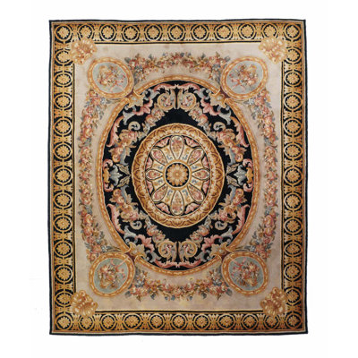 Tapis noir / brun en laine noué à la main de conception unique 7 pi 8 po x 9 pi 8 po