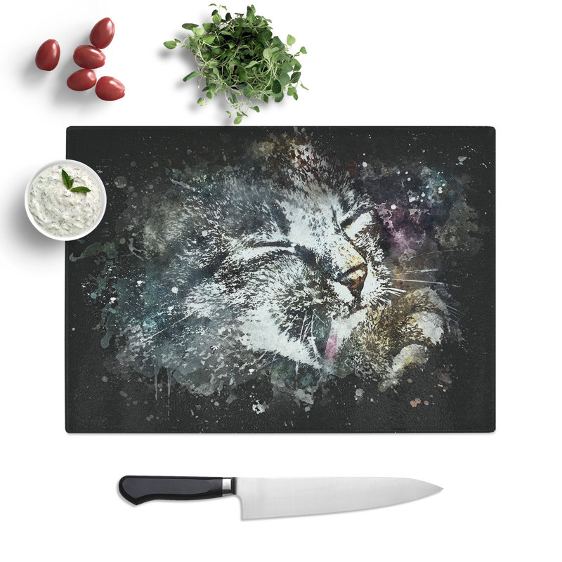 Tempered Glass Cat Licking Its Paw Chopping Board, 28.5 cm x 39 cm