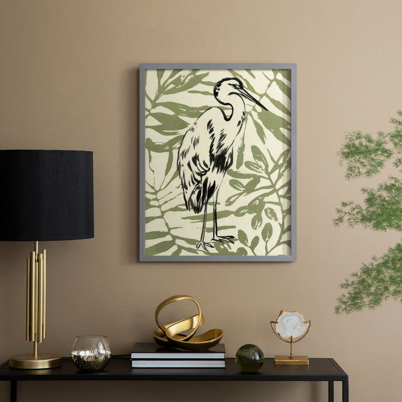 Retro Parlour Heron III Framed Print - Solid Wood, H 21 po x l 17 po, Grey