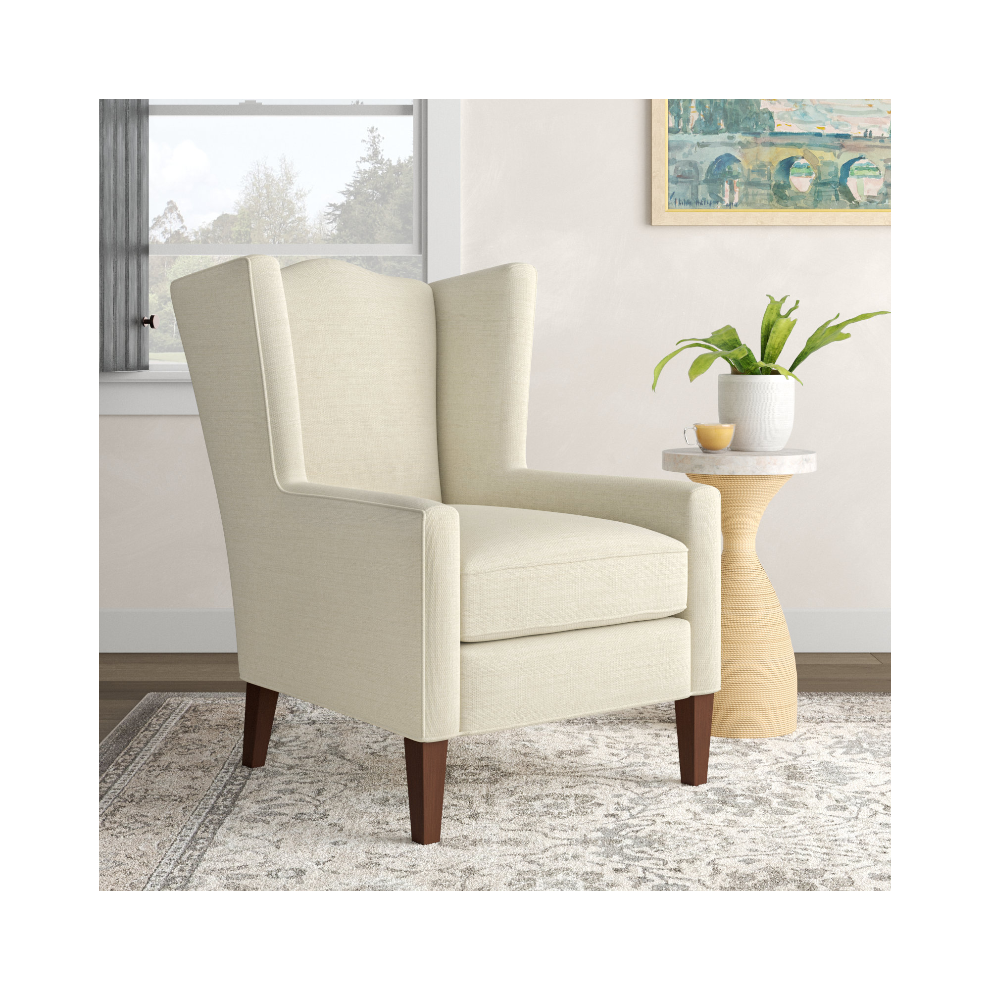 Cataria Upholstered Wingback Chair, Pecan, No, Ida Beige