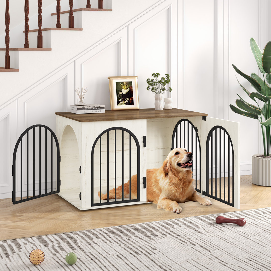 Dog Crate Furniture, 100 cm Wooden Dog Crate, Indoor Kennel for Small/Medium/Large Dogs, End Side Table Animal Crates, Anti-Chew, Anti-Escape, Arched
